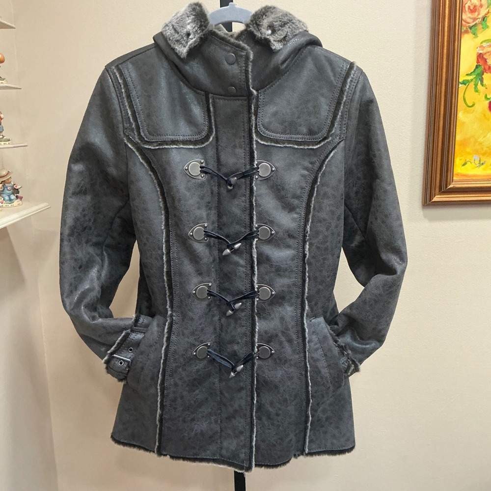 Laundry by Shelli Segal Toggle Coat S Gray Faux Shearling Hooded Jacket